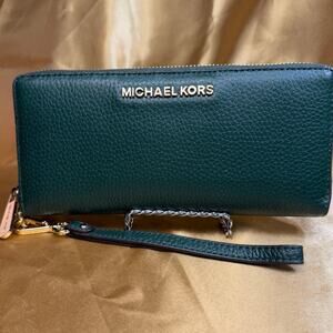 Michael Kors Green Zip Around Wallet Wristlet NWT Gold Tone Hardware
